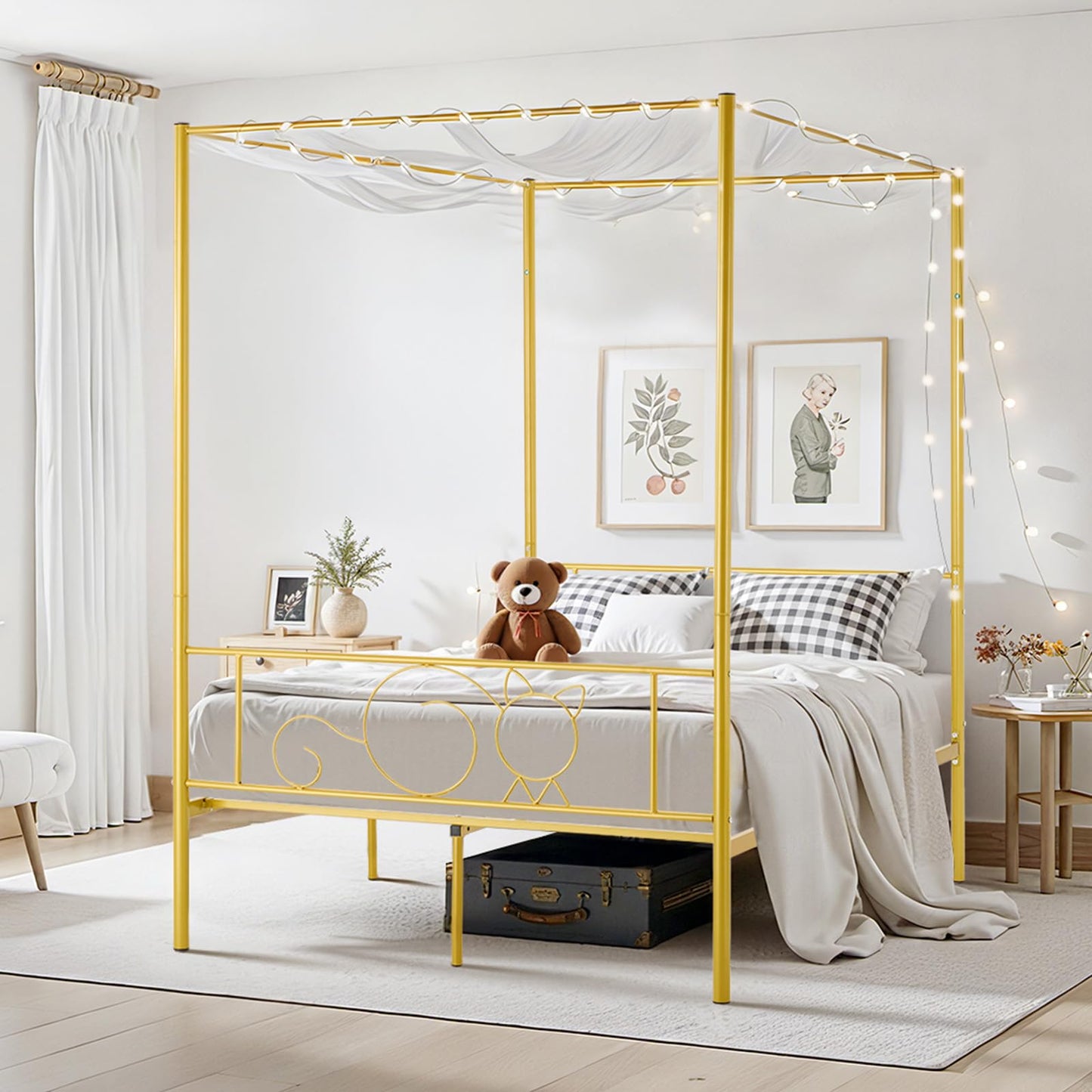 VEVOR Full Size Canopy Bed Frame, Metal Canopy Bed with Minimalist Headboard & Four Posters Design, Heavy Duty Steel Slats Support, Underbed Storage Space, No Box Spring Needed, Easy Assembly, Gold