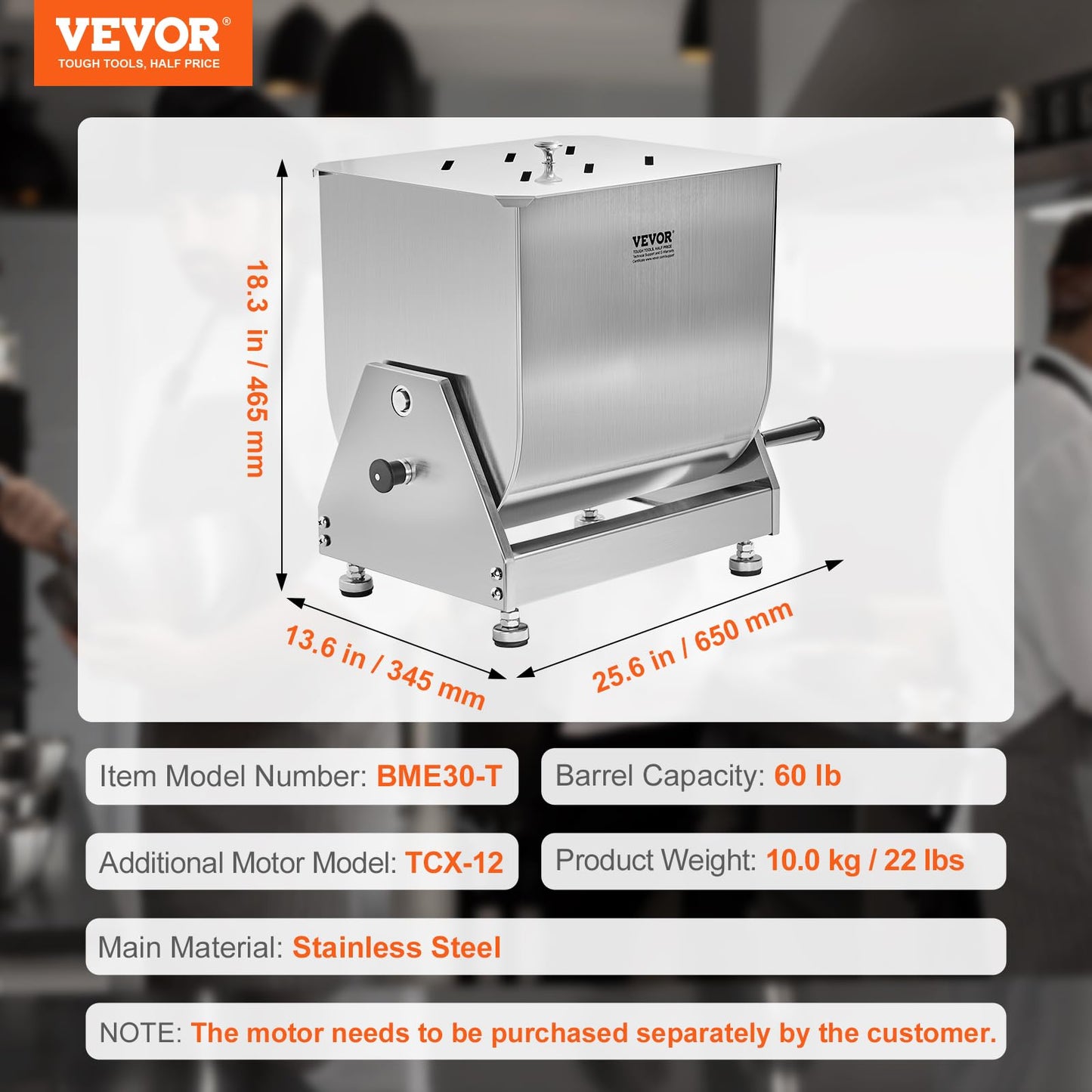 VEVOR Manual Meat Mixer, 60 Pound Capacity Tilt Tank Meat Mixer, Stainless Steel Meat Processing Equipment, Sausage Mixer Machine with Lid and Handle, Ground Beef Hand Mixer, Silver