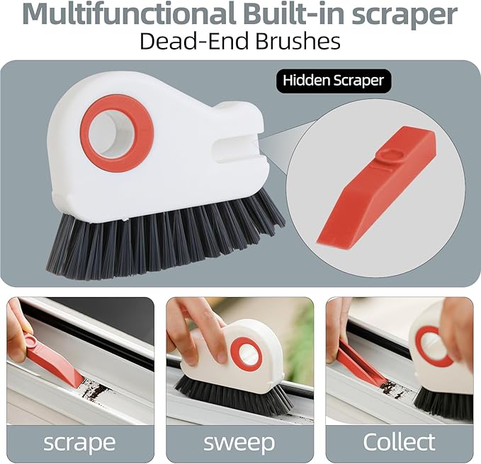 2 PCS 2 in 1 Groove Cleaning Brush (with Hidden Scraper or Mini Dustpan), Multifunction Window Track Cleaner - for Glass Door Tracks, Window Sills, Sliding Doors, Shower Door Tracks (Orange + Grey)