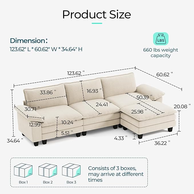 LINSY HOME 123'' Modular Sectional Sofa Beige Couch Corduroy Cloud Couches for Living Room, L Shaped Couch with Movable Ottoman, Modern Cloud Sectional Sofas for Bedroom and Apartment, Beige