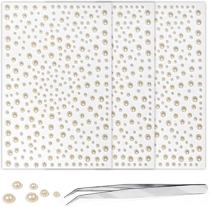 Self Adhesive Face Gems and Pearls for Makeup, Festival Jewels, Hair Gems, Rhinestone Stickers for Face, Eye, Makeup, Nail, Body, Crafts 3/4/5/6 mm 975Pcs (21.Pearl_Beige)