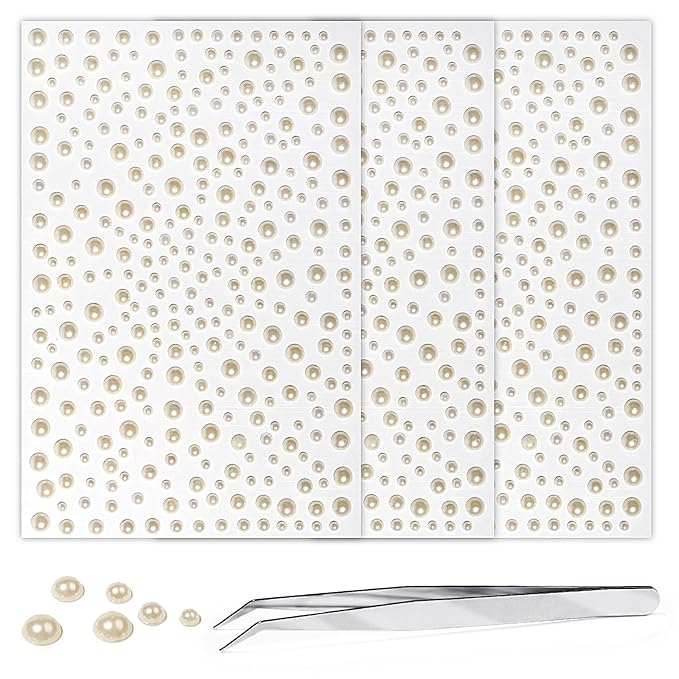 975Pcs Pearl White Face Gems, Self-Adhesive Rhinestones 3/4/5/6 mm DIY Face & Body Gems for Makeup, Crafts