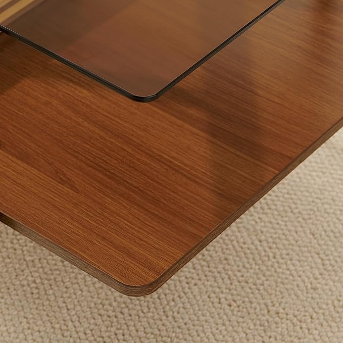 Pine Flicker Rectangle Coffee Table, Mid-Century Modern Design, L41*W21*H17 inch, for Living Room, Amber Glass Top and Walnut Finish Wood Shelf, Conical Metal Legs with Gold Finish