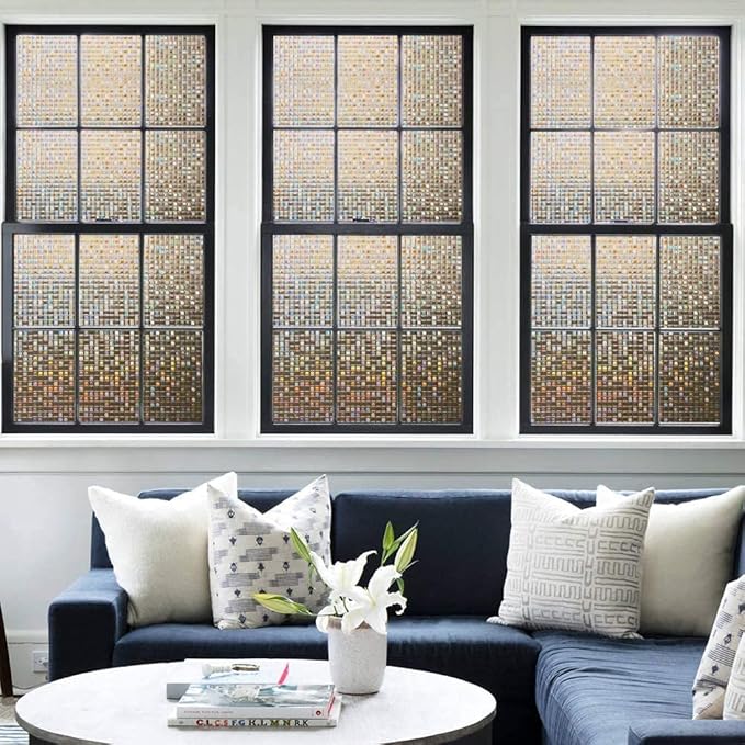rabbitgoo Window Privacy Film Stained Glass Window Film, Mosaic Rainbow Decorative Glass Cling, Removable Static Cling Tint, Non-Adhesive Privacy Covering for Home, Brown, 35.4 x 118.1 inches