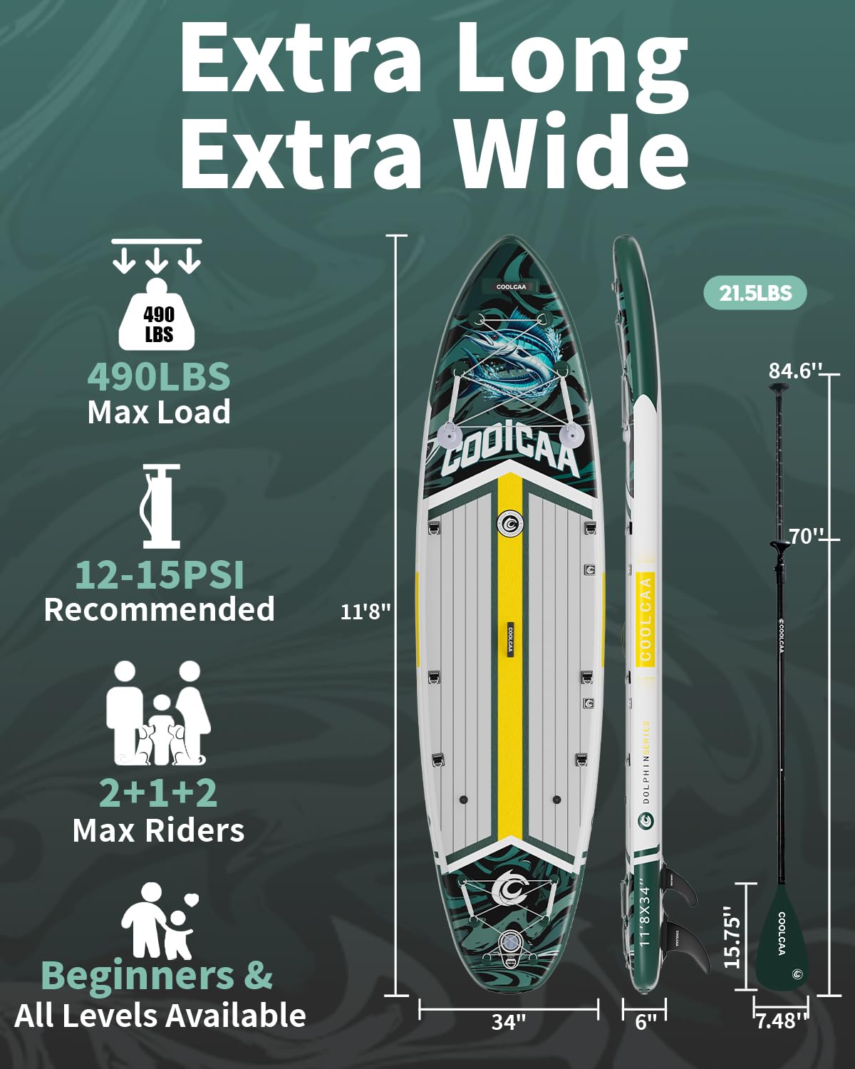 COOLCAA Dolphin 11'8" Inflatable Stand-Up Paddle Board, 490Lbs Capacity SUP Board with 34'' Extra Wide, Fishing Paddleboard with Accessories & Bag for Adults Youth (Sailfish Blade)