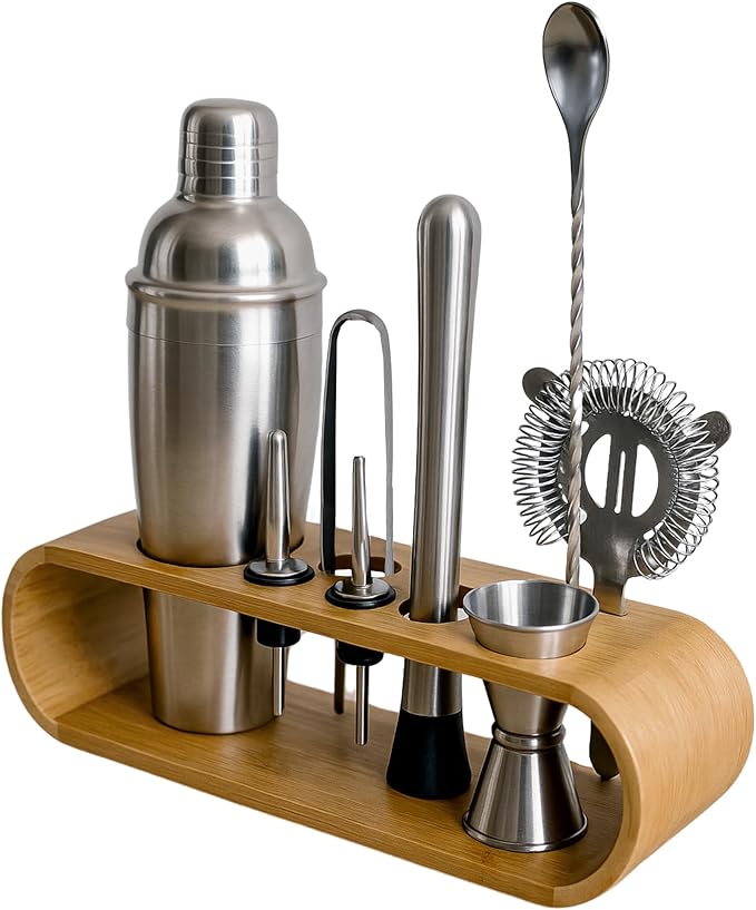 AMERICANISTA Cocktail Shaker Set Bartender Kit with 10 Bar Tools & Bamboo Stand – Martini Shaker, Jigger, Strainer, Muddle...