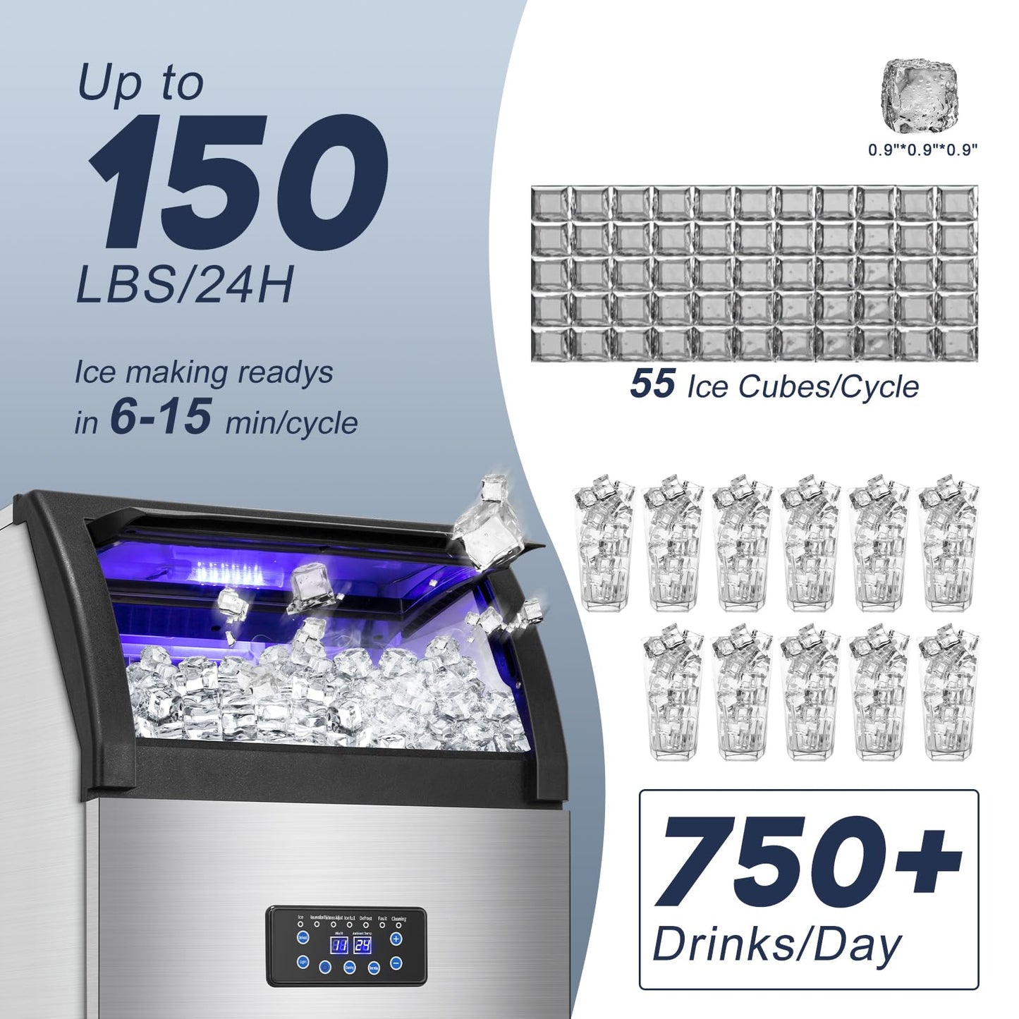 Commercial Ice Maker Machine 150LBS/24H, 45LBS Storage Bin, 55 Ice Cubes Ready in 8 Mins, Freestanding Ice Machine with Tap Water Inlet, Auto Cleaning, for Home Bar Office Restaurant
