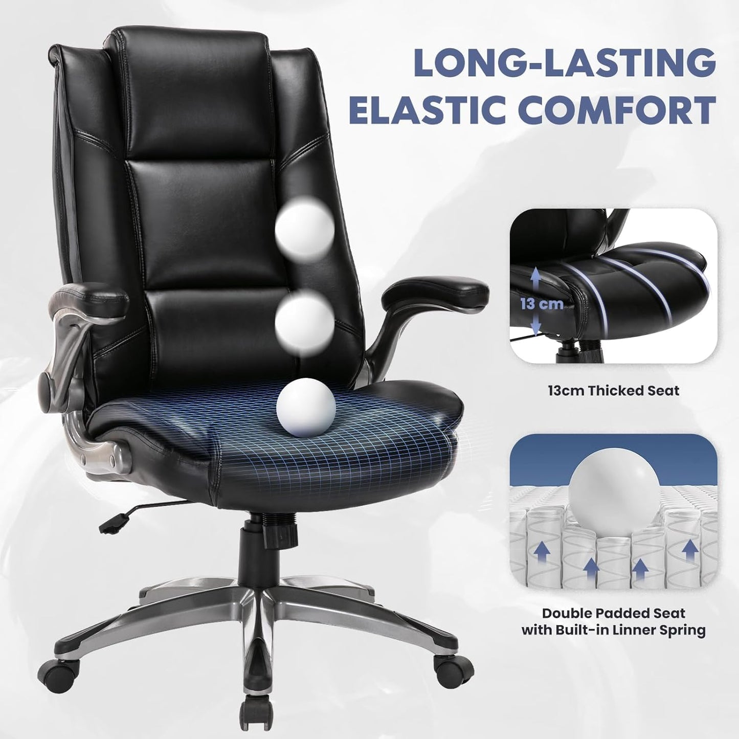 COLAMY Leather Executive Office Chair - High Back Ergonomic Home Computer Desk Chair with Padded Flip-up Arms, Adjustable Tilt Lock, Swivel Rolling Chair for Adult Working Study, Black