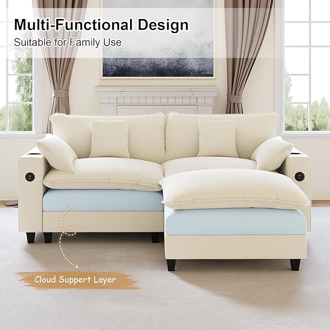 KCGKCG 80.7" Modular Sectional Sofa, L Shaped Cloud Couch with Movable Ottoman, Chenille Deep Seat Cloud Sofa with Charging Station, Cup Holder, Side Pocket, Sectional Couches for Living Room, Beige