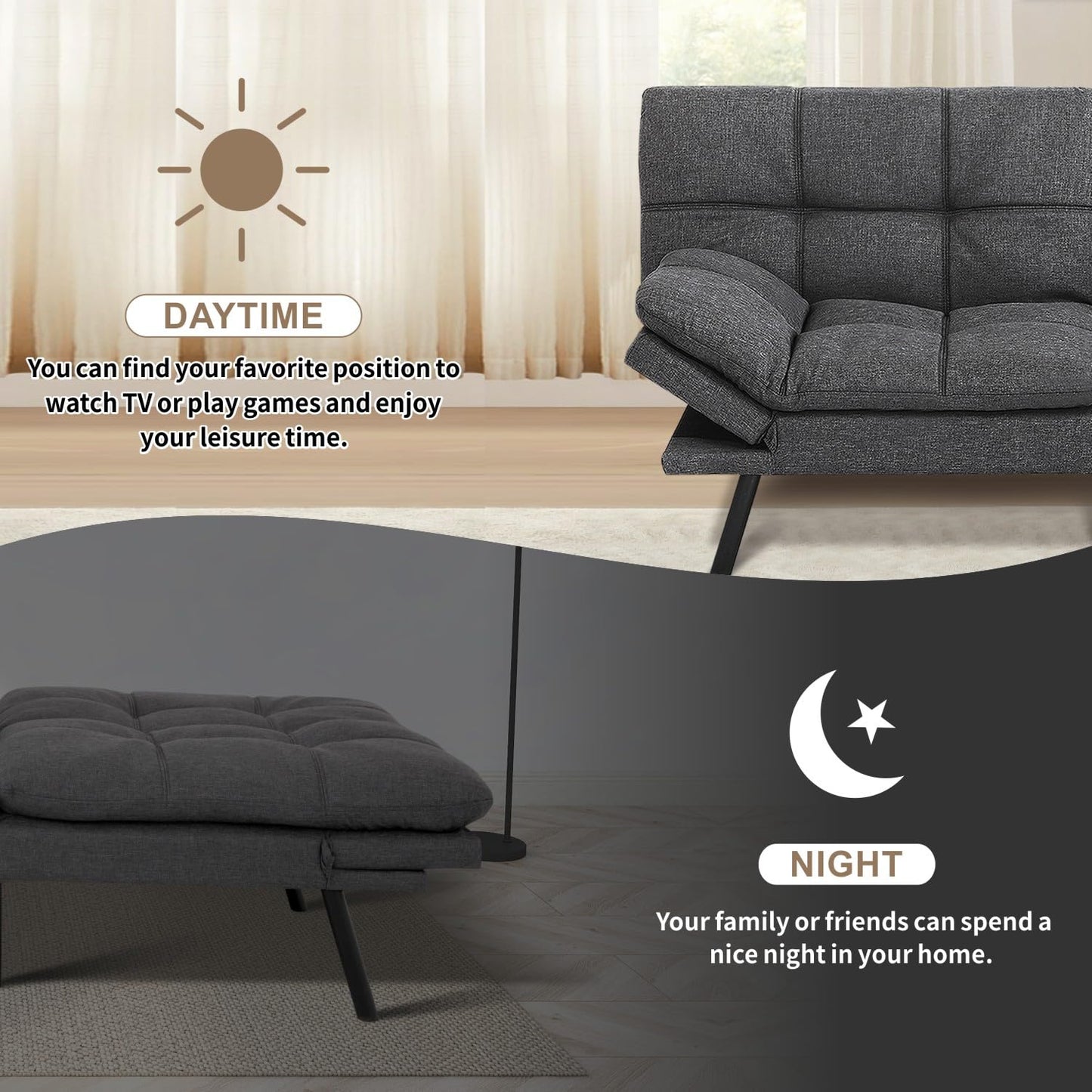 Opoiar 71" Convertible Futon Sofa Bed & Sleeper Couch - Memory Foam Loveseat Sofa with Adjustable Backrest/Armrest for Small Space, Apartment, Living Room - Grey