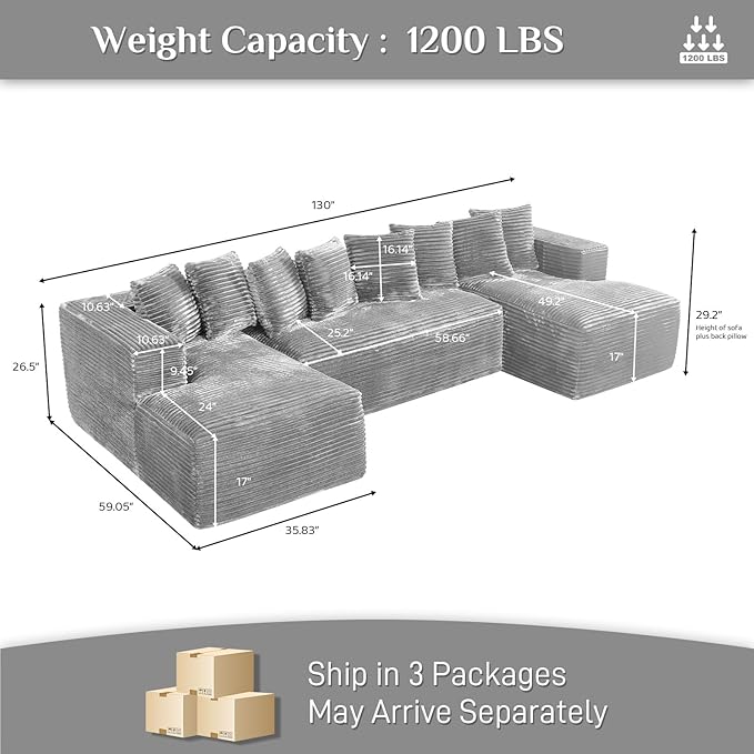 Modular Sectional Sofa, 130" U Shaped Cloud Couch Plush Corduroy Deep Seat Boneless Sofas with 8 Pillows Double Chaise Lounge Sectional Couches with Memory Foam for Living Room - Light Grey