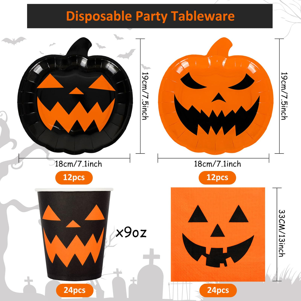 AnyDesign 72Pcs Halloween Party Dinnerware Set Orange Black Pumpkin Themed Paper Plates Cups Napkins Halloween Disposable Tableware Party Supplies for Spooky Themed Party Birthday, Serves 24 Guests