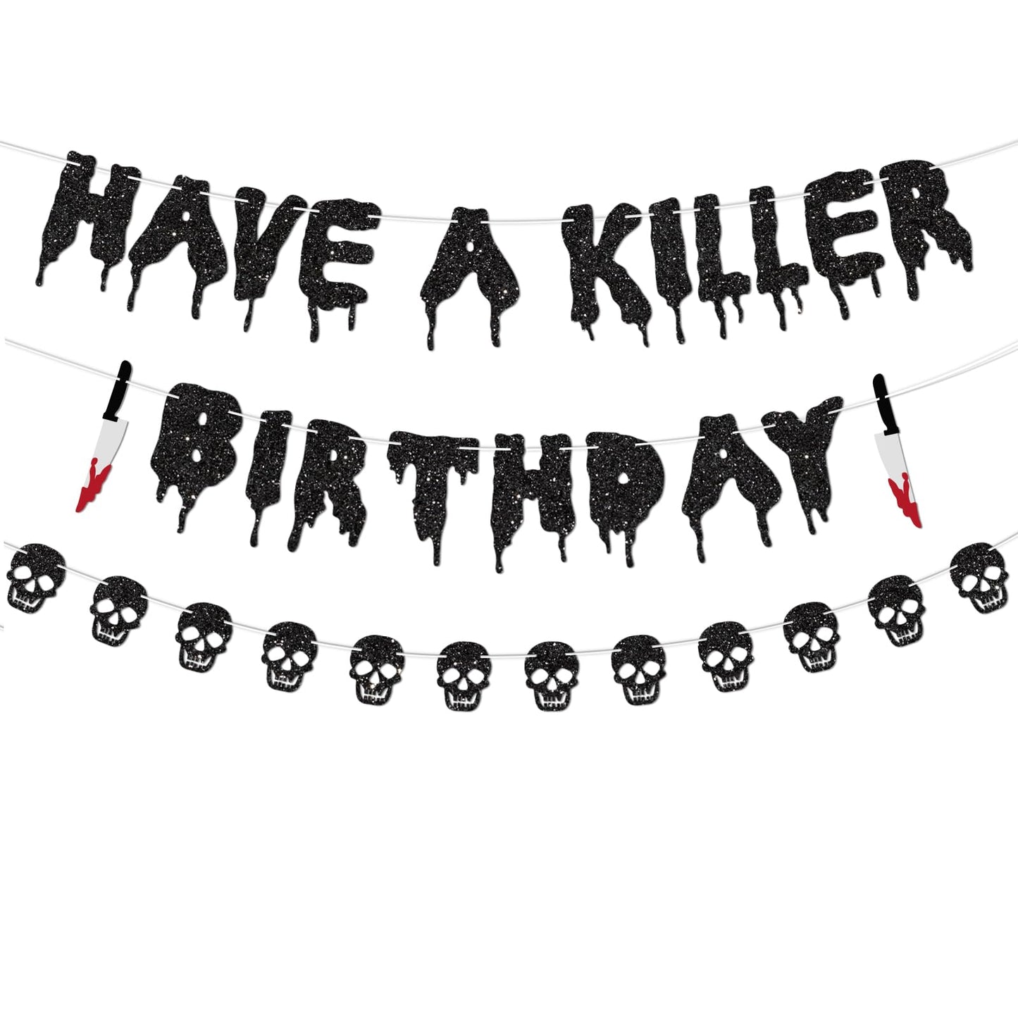 Glitter Have a Killer Birthday Decorations Banner Black Halloween Skull Banner Horror Movie Party for Halloween Haunted House Party Decorations Theme Baby Shower Supplies