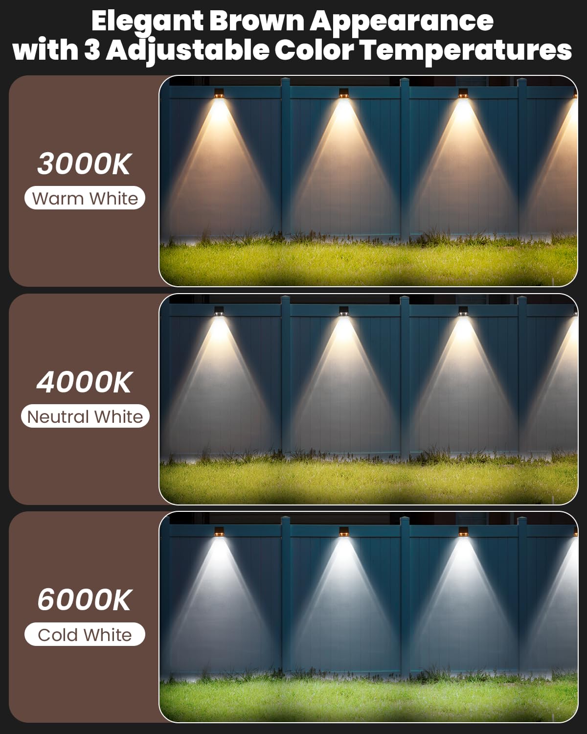Brighter Solar Fence Lights-3000/4000/6000K 3 Mode,Solar Lights Outdoor Waterproof,Dusk to Dawn Deck Light, Outdoor Lighting for Backyard/Railing/Wall/Step/Patio(12 Pack,Brown)