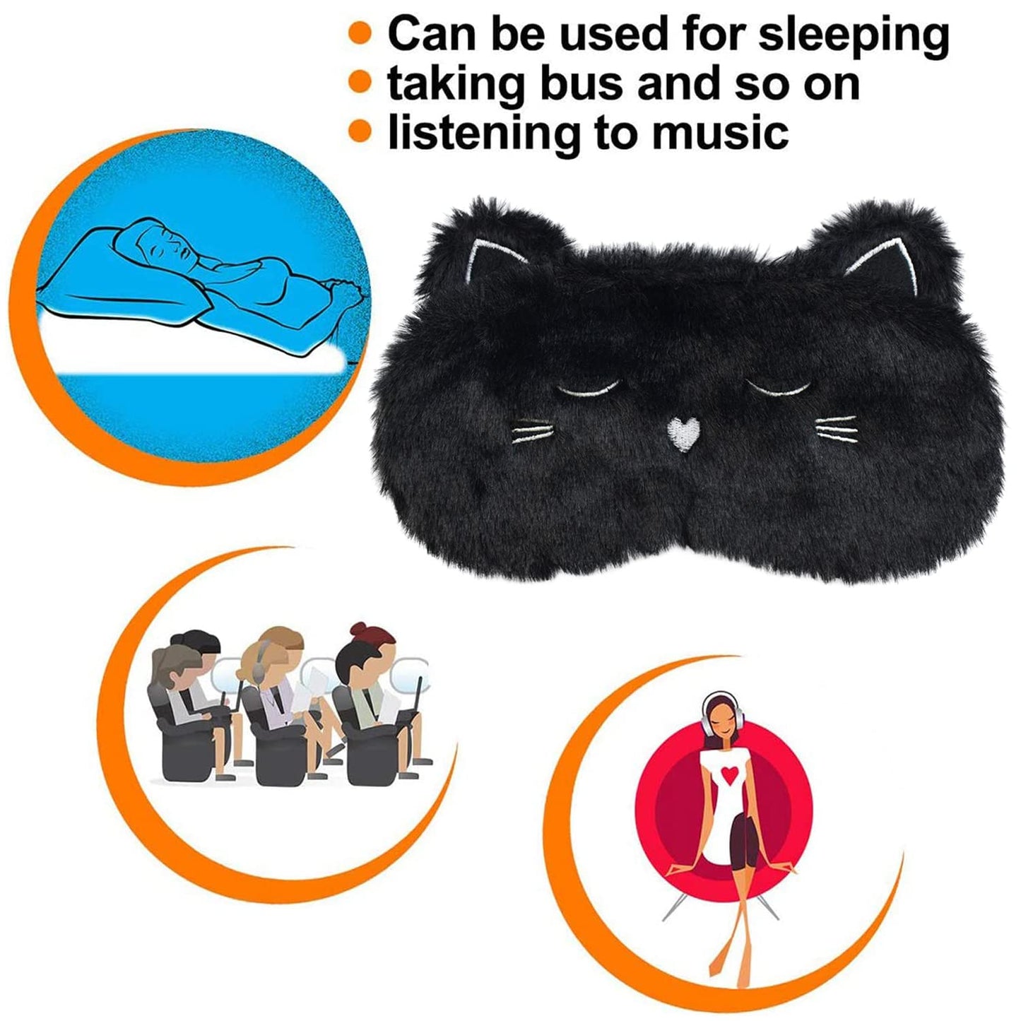 Ulbemoll Cute Sleeping Mask, Black Cat Soft Plush Fluffy Sleep Mask Men Cartoon Kittens Blindfold Novelty Eye Cover Eyeshade Shade for Kids Girls and Adult Travel (Black, Cat)