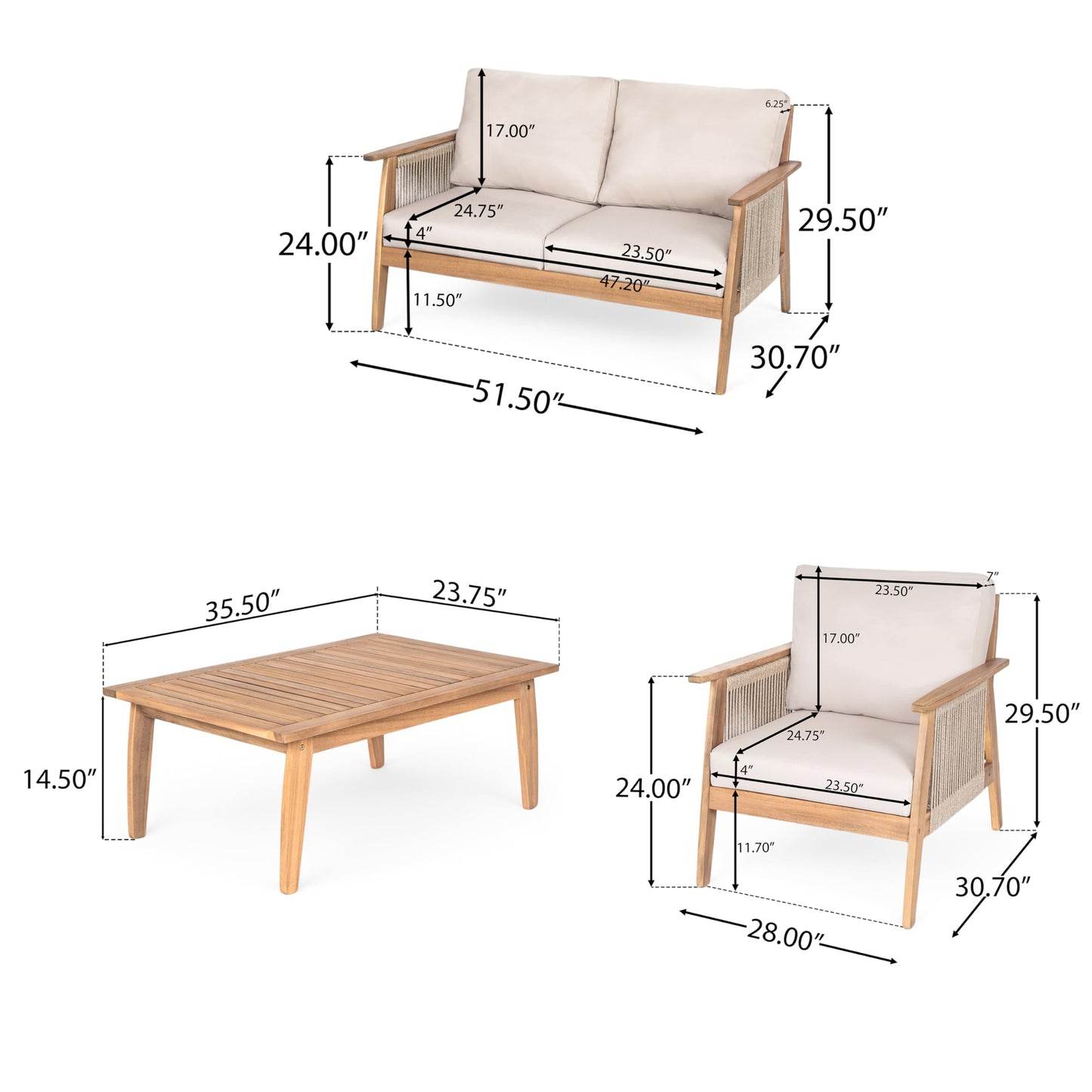 Merax Outdoor 4-Piece Acacia Wood & Rope Sectional Patio Set, Loveseat, Chair & Table with Water-Repellent Cushions