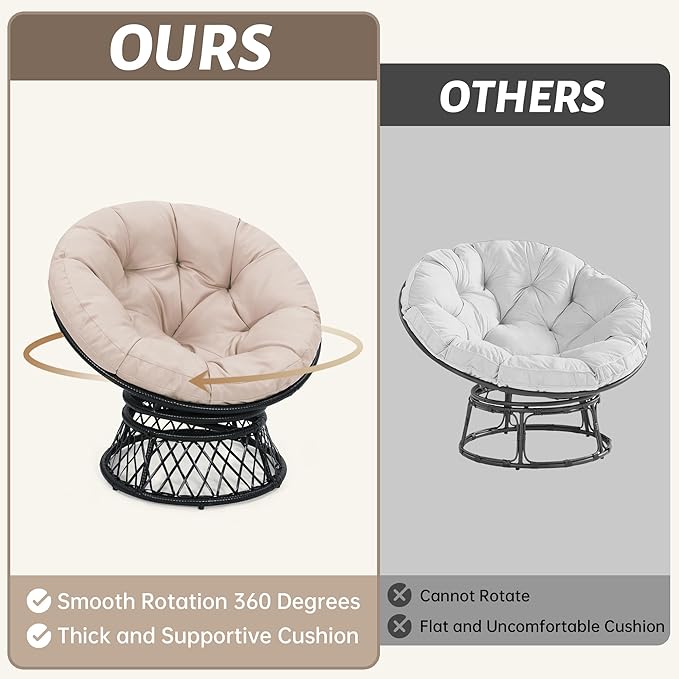 40" Ergonomic Wicker Papasan Chair, 360° Swivel Indoor Outdoor Rattan Chair with Soft Thick Cushion, Ideal for Living Room, Bedroom, Reading Room, Black Frame with Beige Cushion
