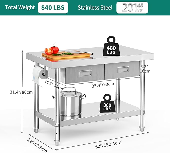 YITAHOME 48" × 24" Stainless Steel Table with 2 Drawers, NSF Work Table with Drawer, Metal Table Prep Table for Home Kitchen Restaurant Garage Warehouse