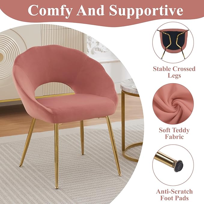 YDcosyfy Modern Small Accent Chair Set of 2, Comfy Velvet Vanity Chair with Shell Back & Golden Metal Legs, Decorative Chair no Wheels for Living Room, Makeup Room, Bedroom, Pink