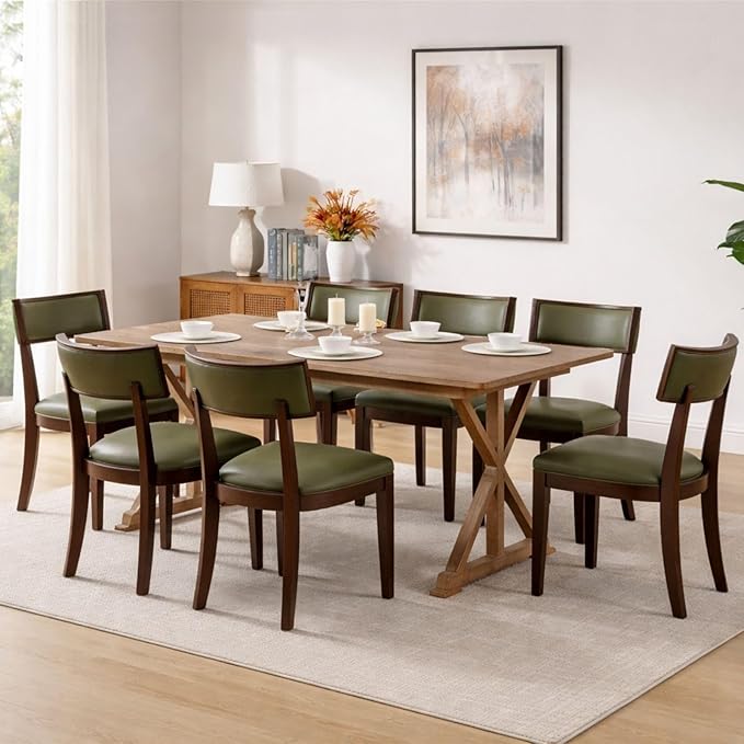 DM Furniture Mid Century Modern Dining Set of 6 - Faux Leather Upholstered Chairs With Curved Backrest - Farmhouse Kitchen Solid Wood Side Chairs for Living Room/Restaurant