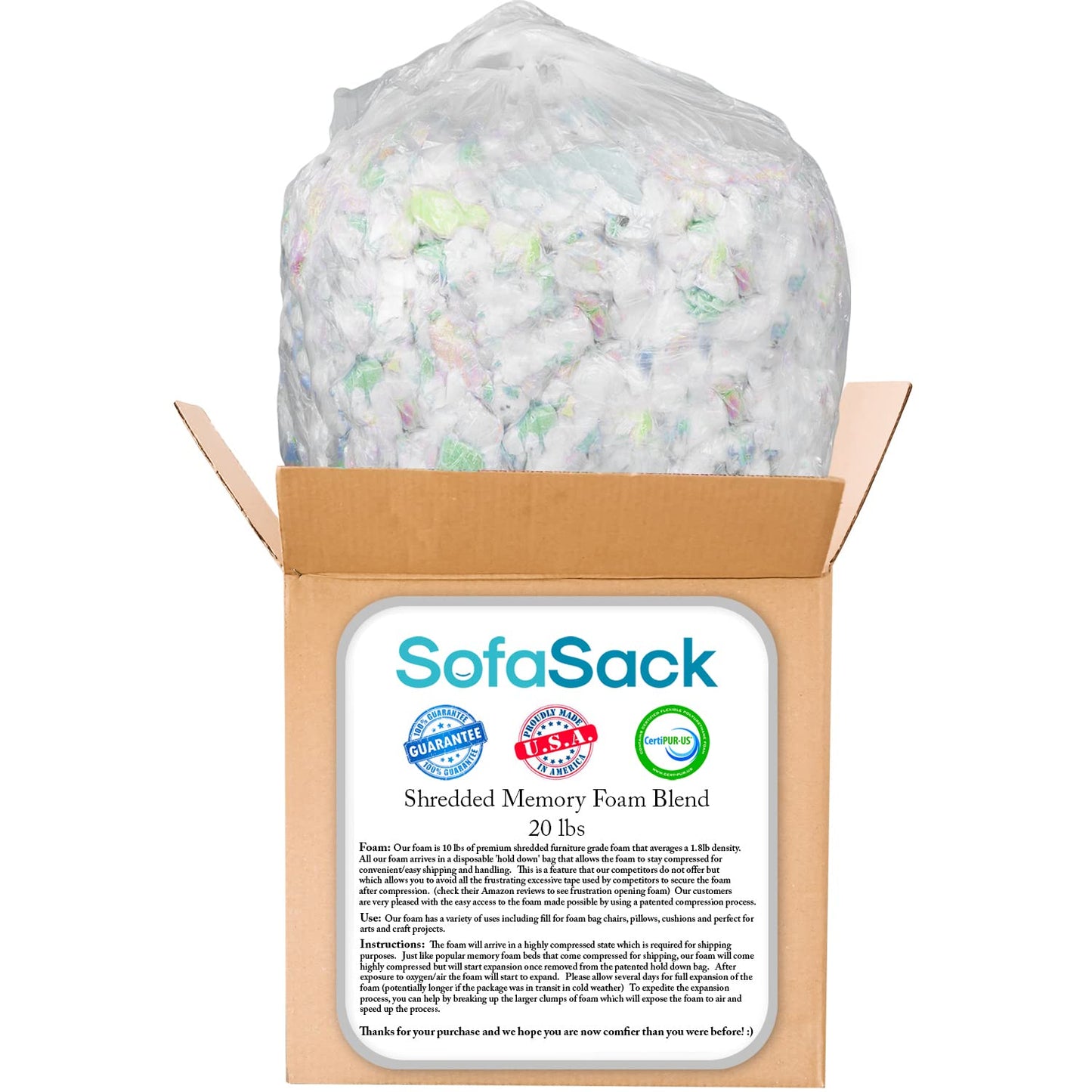 Sofa Sack Shredded Foam Refill: Memory Foam Filling Refill for Bean Bags, Dog Beds and Pillows, 20lbs, Multi-Color