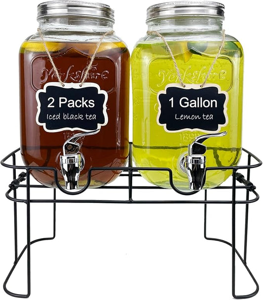 1 Gallon Glass Drink Dispenser for Parties, 2 Packs Juice Lemonade Ice Tea Water Dispenser with Stand, HENABLE Beverage Di...