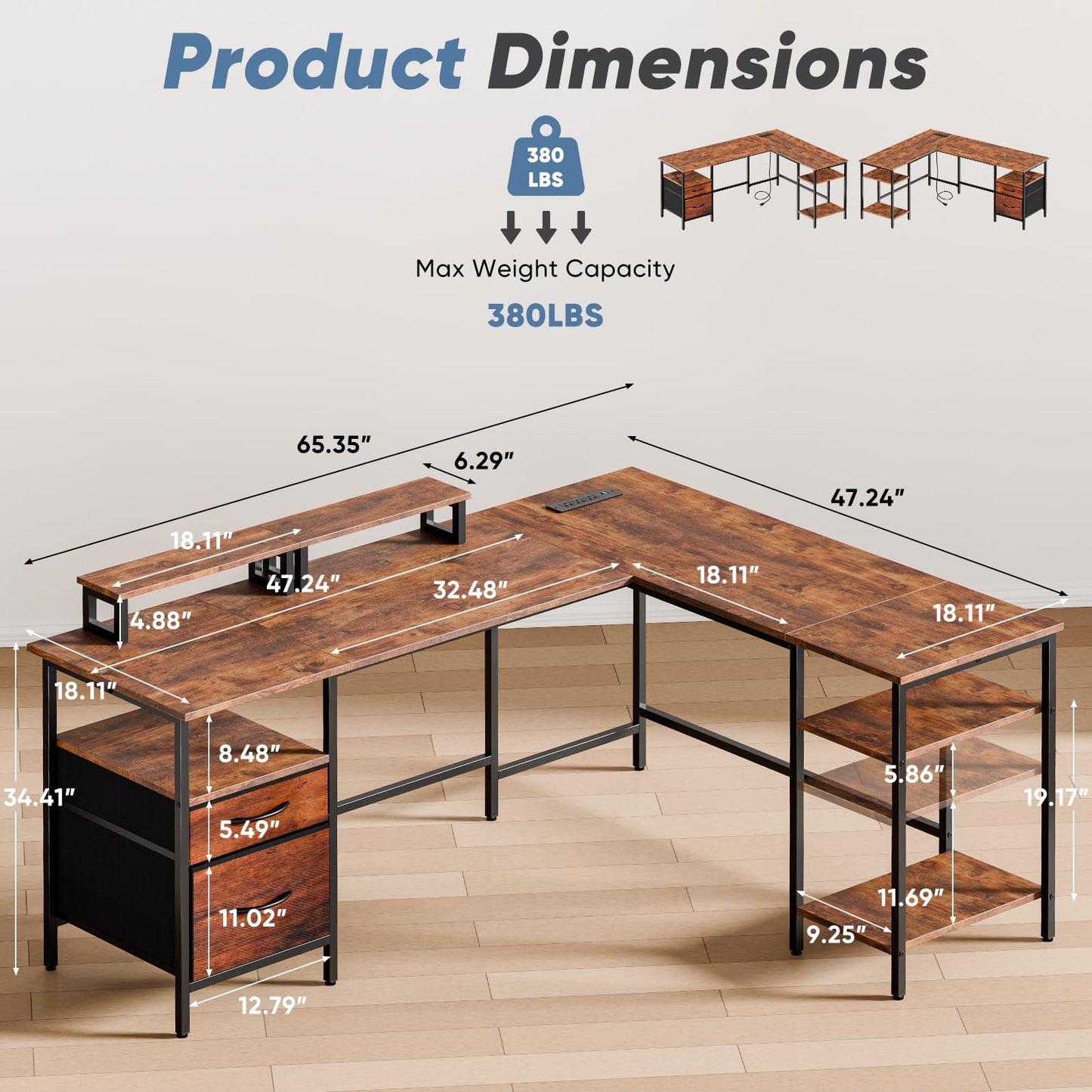 HAPPYMONT L Shaped Gaming Desk with Power Outlet & 2 Monitor Stands, Computer Desk with Drawer & Adjustable Storage Shelves, Large Corner Desk for Home Office, Rust Brown