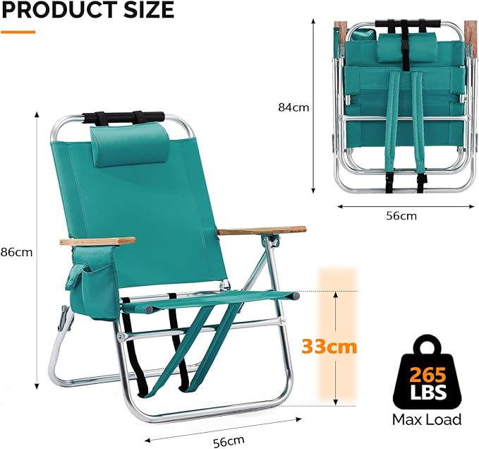 VINGLI Aluminum 13" Backpack Beach Chair – Tall Beach Chairs for Adults, Portable with Adjustable Straps, 3-Position Reclining, Cup Holder, High Lightweight Beach Chairs for Beach