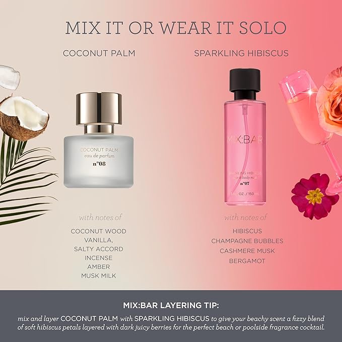 MIX:BAR Perfume for Women - Coconut Palm Fragrance - Eau de Parfum Spray - Notes of Coconut Wood,Vanilla, Salty Accord, Incense, Amber, Musk Milk, 1.7oz