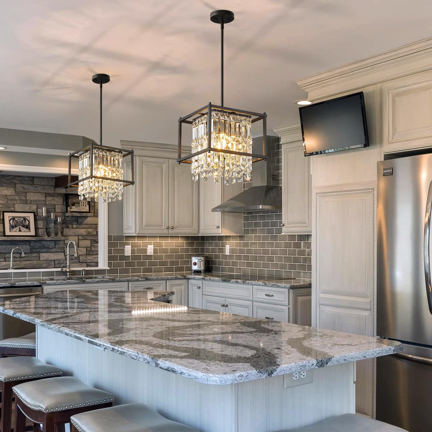 LMQNINE Modern Foyer Chandelier, Black Crystal Chandelier Entryway Light Fixture, Square Adjustable Height Chandeliers for Kitchen Island, L11.81'' x H7.87''