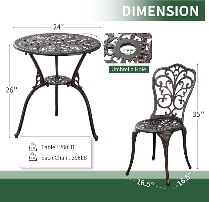 Withniture 3 Piece Patio Set Outdoor Bistro Set,Cast Aluminum Bistro Table and Chairs Set of 2 with Umbrella Hole,All Weather Patio Bistro Sets for Front Porch Set Garden,Backyard(Brown)