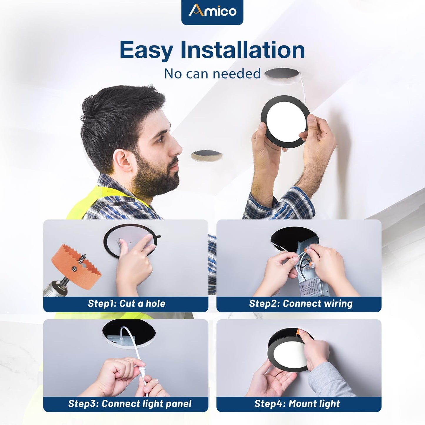 Amico 4 Pack 4 Inch Black 5CCT Ultra-Thin LED Recessed Light with Junction Box, 2700K/3000K/3500K/4000K/5000K Selectable, 10W Eqv 60W 800LM Dimmable Canless Wafer Downlight, ETL & FCC