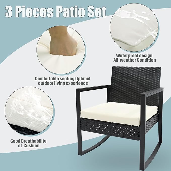 ELEGIBLISS 3 Pieces Outdoor Patio Set -Wicker Rattan Chair Conversation Set with Glass Table for Poolside Yard Rocking Chair Set for Bistro Garden Front Porch All Weather Patio Furniture Set