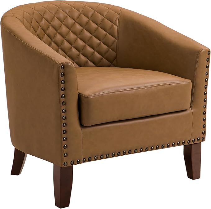 UIXE Faux Leather Accent Chairs Set of 2, Barrel Club Chair Upholstered Armchair for Living Room, Comfy Modern Round Arm Chair Bedroom Side Reading Seat - Coffee Brown