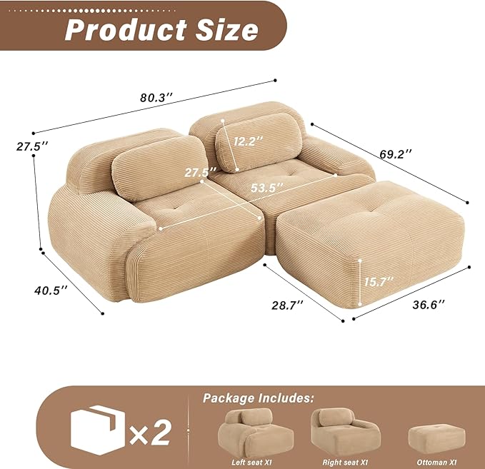 SoarFlash 81” Sectional Cloud Boneless Sofa Couches for Living Room-2 Seater L-Shaped Modern Lounge Couch-No Assembly Modular Corduroy Convertible Sponge Sleeper Sofas with Chaise for Home House,Camel
