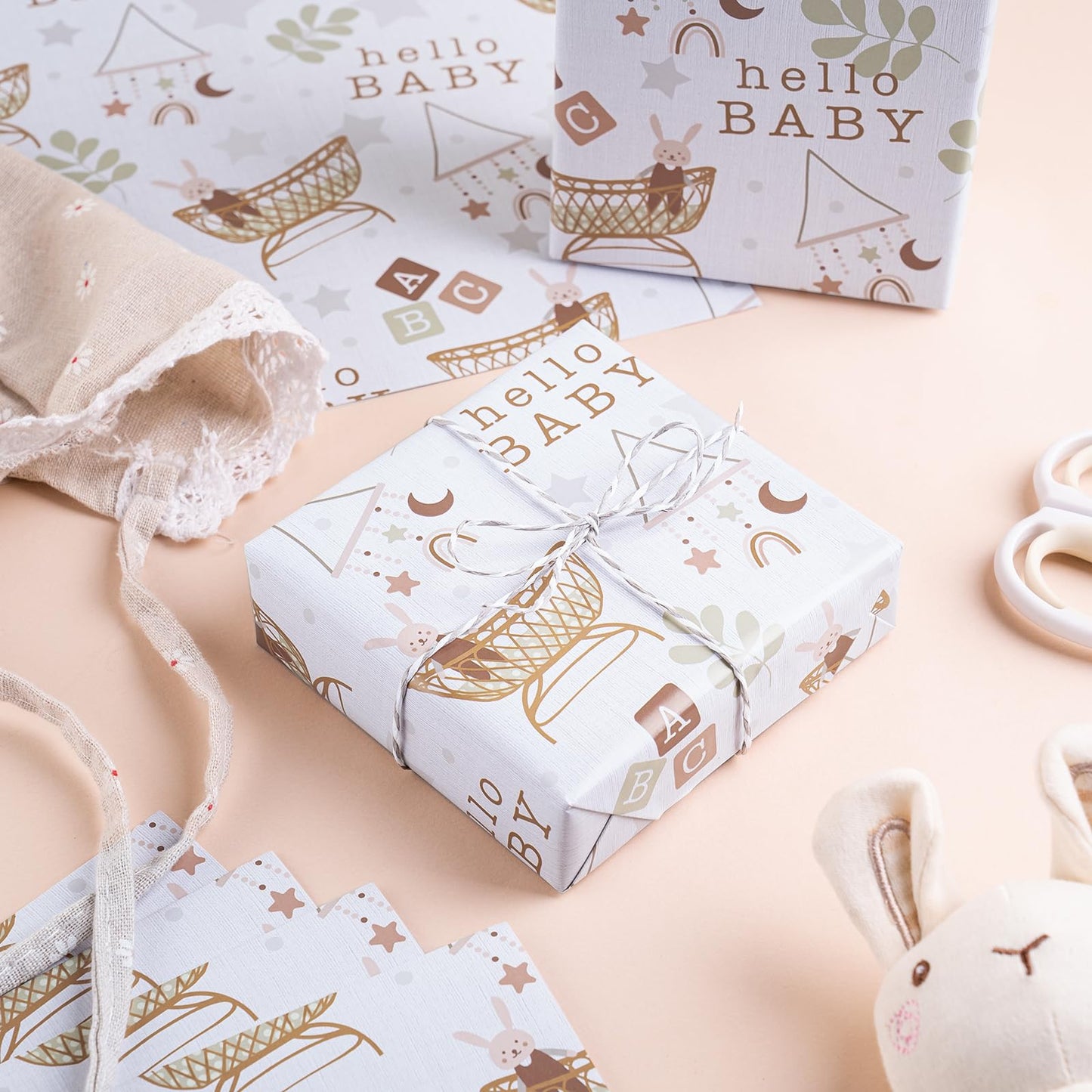 WRAPAHOLIC Jumbo Baby Shower Wrapping Paper - 30 Inch x 33 Feet - Hello Baby and Rabbit in Bassinet Design for Neutral Baby Shower, Boys Girls Kids Birthday