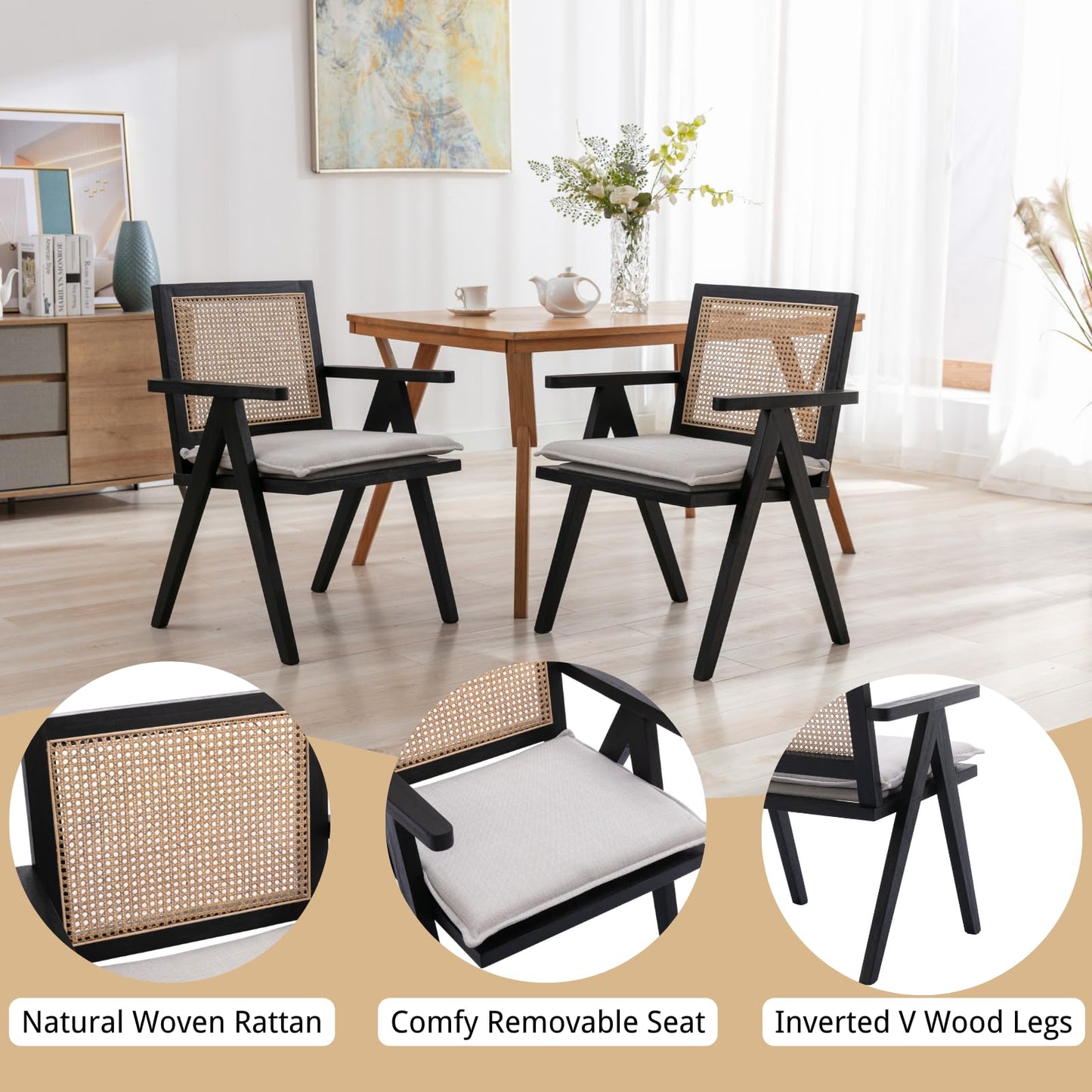 ChicAura Farmhouse Rattan Dining Chairs Set of 4, Modern Upholstered Dining Chairs Cane Back Country Kitchen Chairs with Arms Comfy French Country Linen Side Chairs for Kitchen Dining Room, Black Wood