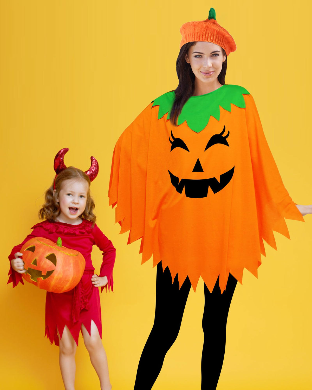 CONGRU 3 PCS Pumpkin Costume for Women Adults, Poncho With Beret and Candy Bag, Halloween Costume