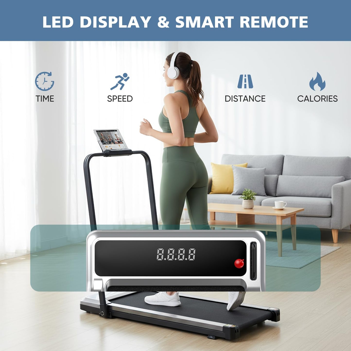 OLIXIS Walking Pad Treadmill for Home, Under Desk Treadmill with Handle for Small Space, Portable Design for Home Office Workouts, LED Display with Remote Control, Low Noise