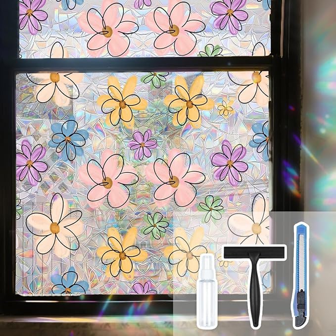 Daisy Flower Stained Glass Window Film Static Cling with Tools - 35.4 x 157.4 Inch Non-Adhesive Privacy Decorative Cute Rainbow Film for Windows, Doors, Sidelights - Easy Install & Remove