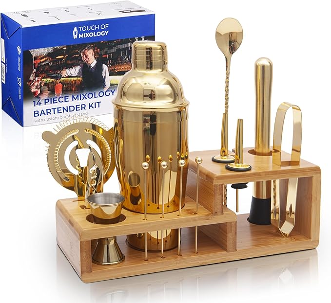 14PC Bartender Kit - Gold Cocktail Shaker Set - All Barware Essentials for Drink Mixing Includes Stand, Martini Shaker, Ji...
