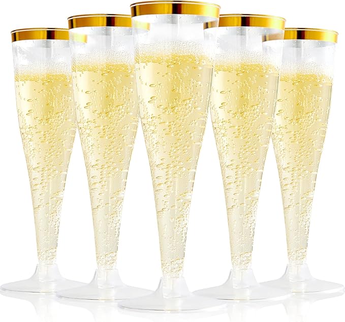 FOCUSLINE 100 Pack Plastic Champagne Flutes, 4.5 Oz Gold Rim Plastic Champagne Glasses, Disposable Clear Toasting Glasses ...