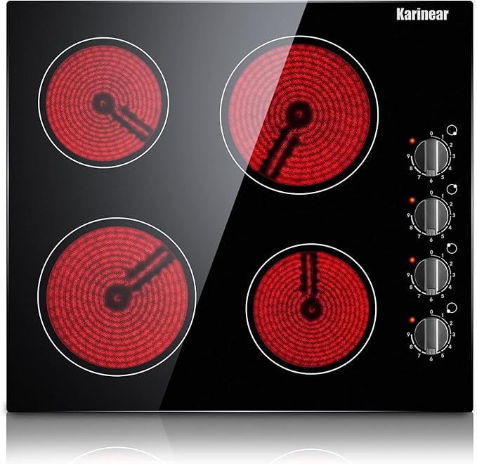 Karinear 4 Burner Electric Cooktop 24 Inch, Built-in Stove Top, 220-240v Radiant Cooktop with Knob Control, Residual Heat ...