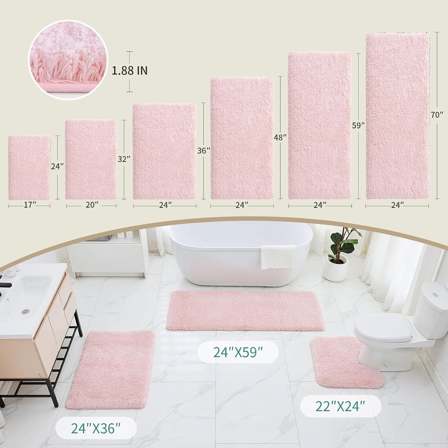 Bathroom Runner Rug 24x70 Pink Non Slip Fluffy Long Bath Mat for Bathroom Floor Washable Plush Luxury Bath Rug for Tub Absorbent Shower Sink Mat Bedside Rug