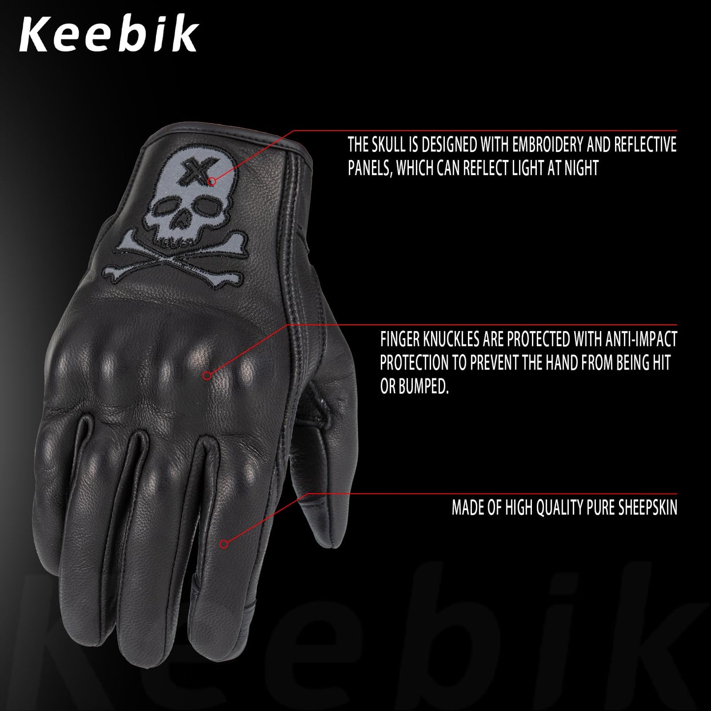 Keebik Goatskin Leather Motorcycle Motorbike Powersports Racing Gloves Reflective Skull Touchscreen for Men and Women Model