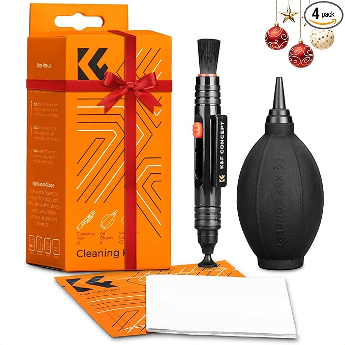 K&F CONCEPT 4-in-1 Camera Lens Cleaning Kit with Lens Cleaning Pen, Camera Air Blower, Microfiber Cleaning Cloth, Lens Cleaner Kit for Canon Nikon Pentax Sony DSLR Camera Lens Filter Cell Phones