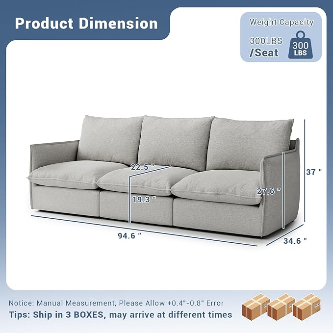 Lopzeho 94.6" Cloud Modular Sectional Sofa, Waterproof Down Filled Sectional Sofas, High Backrest 3 Seater Sectional Couches for Living Room, Modern Modular Couch with Removable Cover, Light Gray