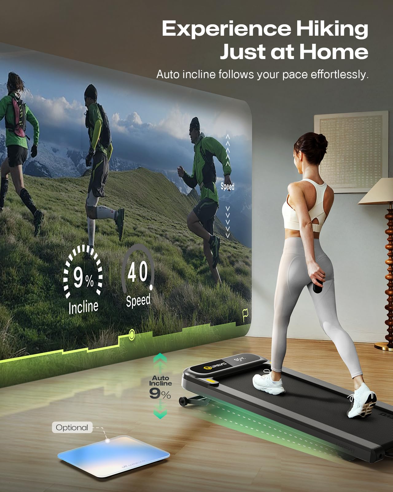 Smart Treadmill with 9% Auto Incline, Hiking and Running Walking Pad Treadmills for Home Office, Treadmill with UREVO APP, AI Powered Music Course, HIIT Programs Synced to Scenic Route, One-Click Mute