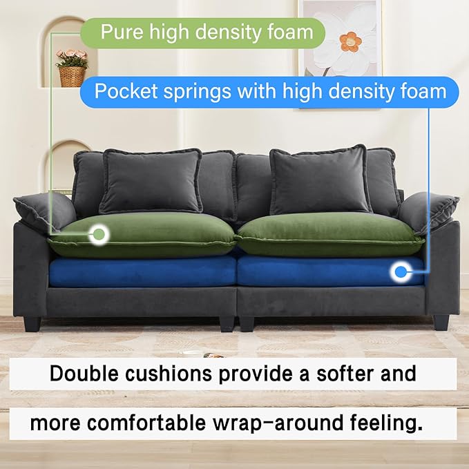 Oprisen 86" Modular Sectional Sofa, Comfy Cloud Couch Sectional Sofa with Ottoman, Velvet Sofa Sleeper Deep Seat Sofa with Throw Pillows for Living Room (Blue Gray, 86"- Loveseat)
