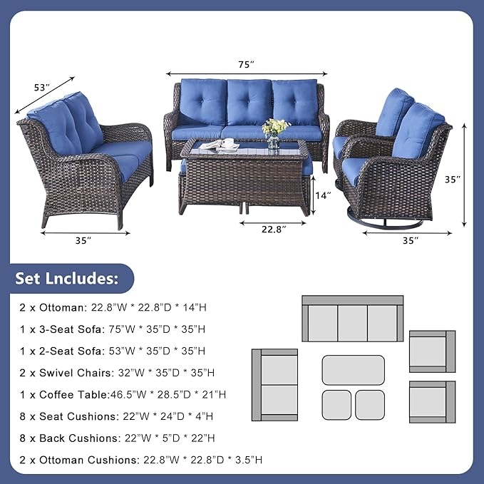 Rilyson Wicker Patio Furniture Set - 7 Piece Rattan Outdoor Sectional Conversation Sets with 2 Rocking Swivel Chairs,2 Ottomans,1 Sofa,1 Loveseat and 1 Coffee Table for Porch Deck(Brown/Blue)